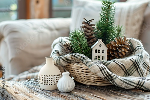 A bouquet of fir trees  a plaid in a wicker basket and Scandinavian white houses on a wooden table in the home interior of the living room. A cozy concept of festive home decoration