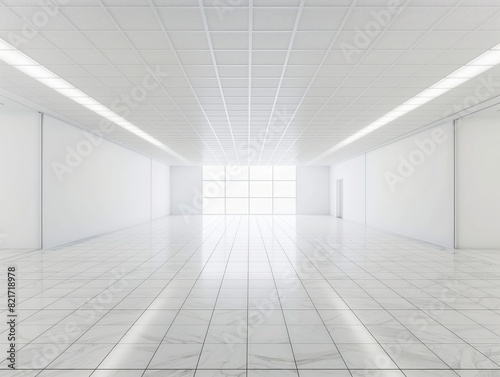 Bright, empty white room with tiled floor and large window. Ideal for concepts of space, cleanliness, and modern architecture.