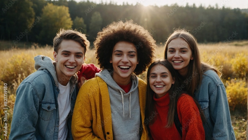Friendship Day. Funny selfie with friends. company of cheerful friends making selfie and smiling while standing outdoors. people wear red and yellow jumpers. young people resting in nature Friendship Day. Funny selfie with friends. company of cheerful friends making selfie and smiling while standing outdoors. people wear red and yellow jumpers. young people resting in nature