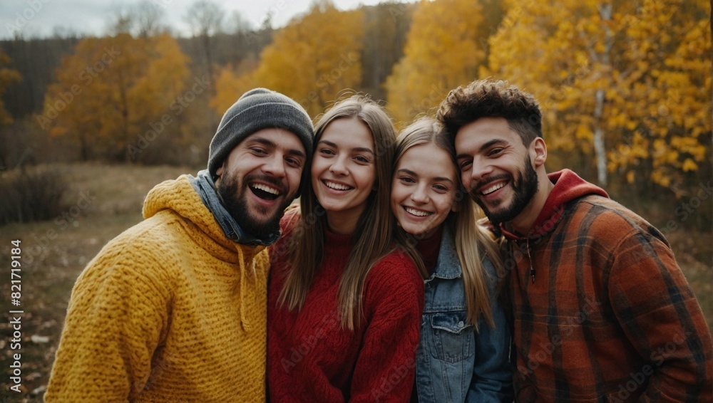 Friendship Day. Funny selfie with friends. company of cheerful friends making selfie and smiling while standing outdoors. people wear red and yellow jumpers. young people resting in nature Friendship Day. Funny selfie with friends. company of cheerful friends making selfie and smiling while standing outdoors. people wear red and yellow jumpers. young people resting in nature