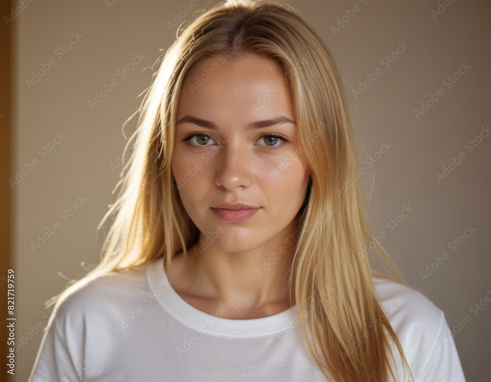 A blonde woman with green eyes is wearing a white shirt