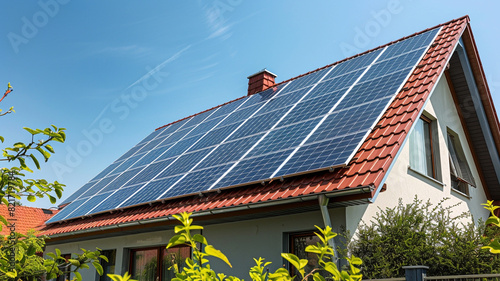 A house with solar panels on the roof. The sky is blue and the sun is shining. photo