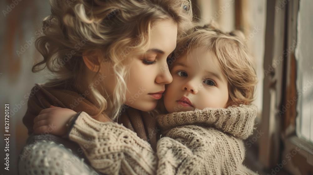 A warm and loving middle-aged mother hugs her child with deep affection. A warm and loving middle-aged mother hugs her child with deep affection.