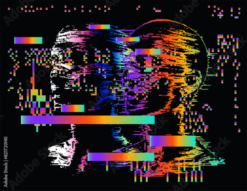 3D human face made of holographic pixels and particles on a dark background. A conceptual vector illustration of identity in virtual reality.