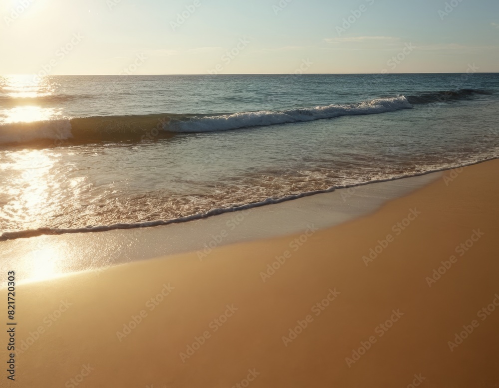 The sun is setting over the ocean, casting a warm glow on the water