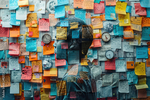 A person with their head covered in colorful post-it notes, each note containing a time. Created with Ai