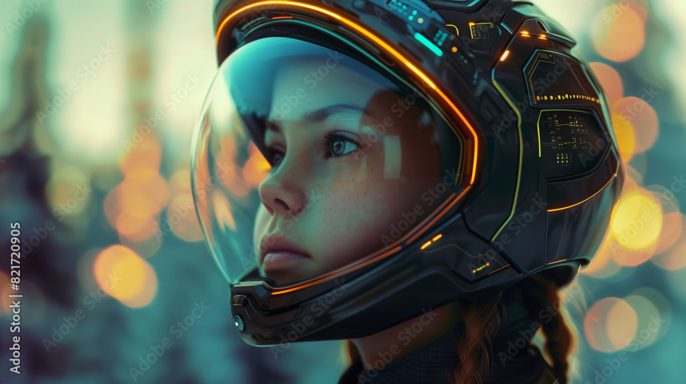 A young girl, possibly a child, wears a futuristic helmet with a visor. The helmet is made of shiny material and is equipped with technologically advanced elements A young girl, possibly a child, wears a futuristic helmet with a visor. The helmet is made of shiny material and is equipped with technologically advanced elements