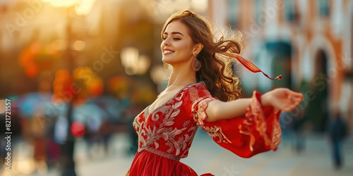 Beautiful female flamenco dancer in a traditional dance dress. Young woman dancing flamenco on oldtown square