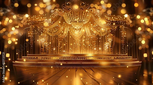 /imagine: A glamorous gold stage design featuring intricate light decorations and bokeh effects, offering an opulent and extravagant backdrop for grand events and ceremonies. Vector illustration.