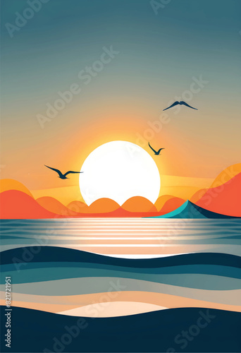 a vector illustration of a sunset with birds flying over the water