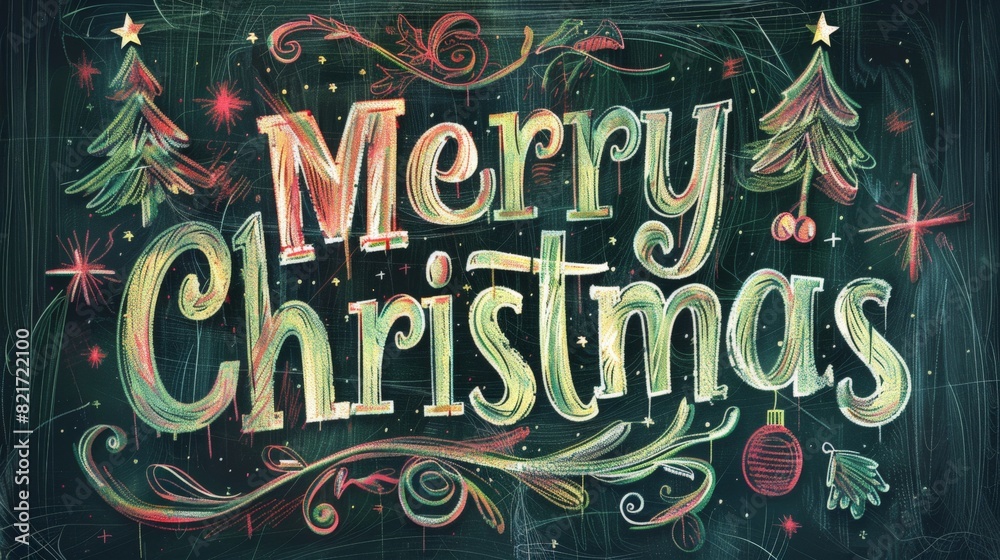 A chalkboard Christmas card featuring the words Merry Christmas written in festive and decorative lettering.