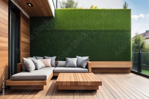 Balcony Design Wth Wooden Panels And Grass Wall photo
