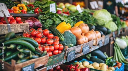 The photo shows a variety of fresh vegetables and fruits at a market. There are tomatoes, cucumbers, zucchini, peppers, onions, and more. The vegetables and fruits are all arranged in baskets and