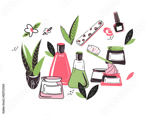 Organic and natural cosmetic products for face and body beauty routine. Beauty treatments concept of banner or emblem with jars and bottles of moisturizer and lotions, flat vector illustration.