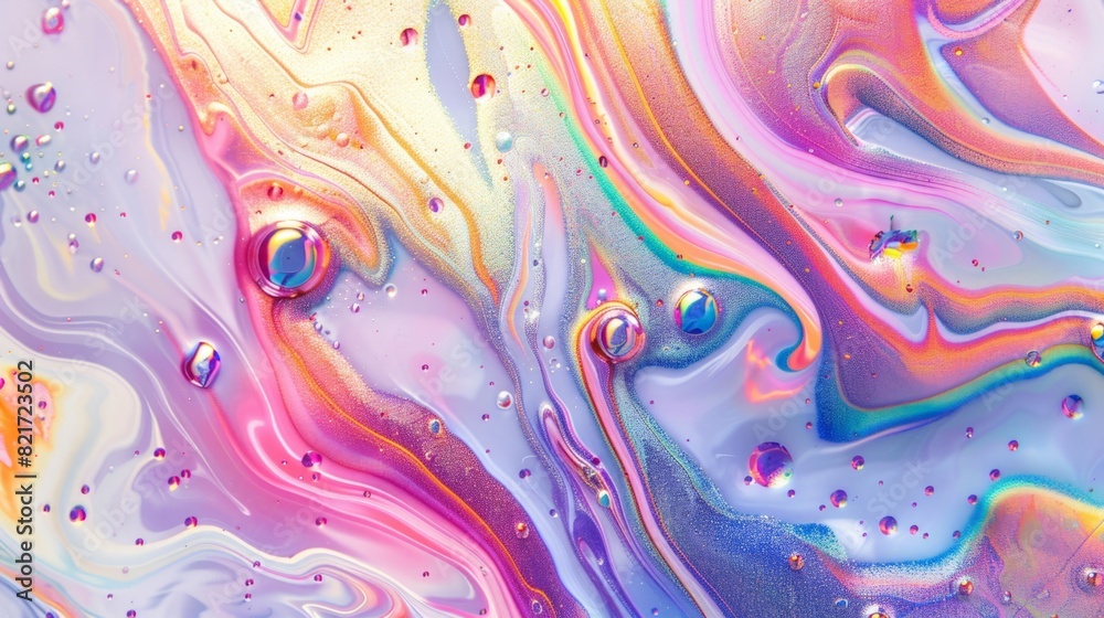 Detailed close-up of a vibrant liquid painting, showcasing intricate swirls and layers of colorful fluid. The brush strokes, textures, and blending techniques are visible