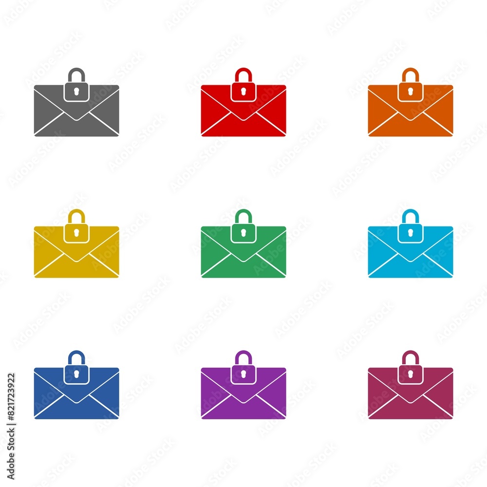 Lock e mail icon isolated on white background. Set icons colorful Lock e mail icon isolated on white background. Set icons colorful