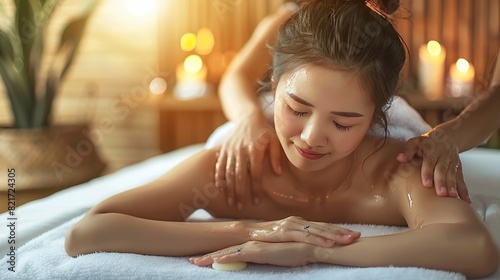 Beautiful Asian woman enjoying back massage at spa salon.