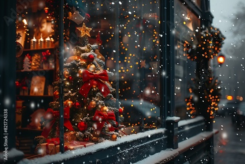 christmas decoration tree in the shop, winter street