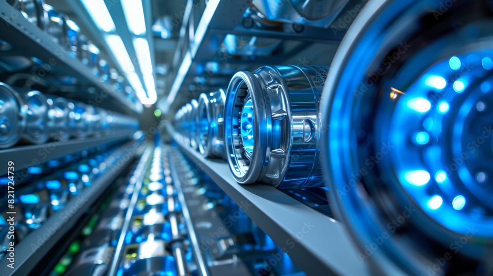 Automated production line of blue beverage cans in a modern manufacturing facility illuminated by ambient light. Generative Ai Automated production line of blue beverage cans in a modern manufacturing facility illuminated by ambient light. Generative Ai