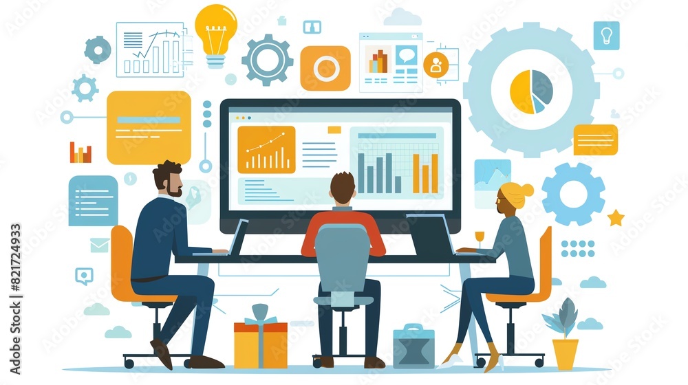 Team collaborating in modern workspace with data analytics, charts, and technology. Concept of teamwork, innovation, and digital productivity. Team collaborating in modern workspace with data analytics, charts, and technology. Concept of teamwork, innovation, and digital productivity.