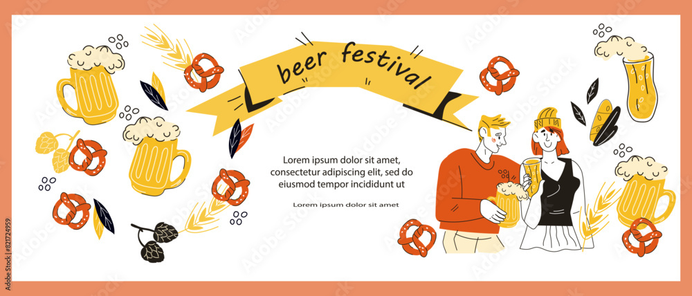 Fototapeta premium Oktoberfest banner festive template in doodle style, vector illustration on white background. Design for Oktoberfest banner or flyer, invitation leaflet.