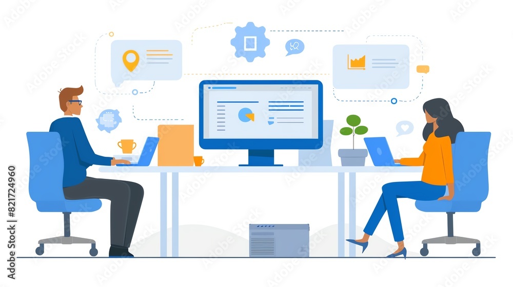 Two professionals working on laptops in a modern office with digital charts and communication icons displayed on screens. Two professionals working on laptops in a modern office with digital charts and communication icons displayed on screens.