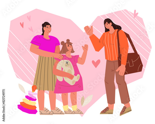 Nanny and mother leaving a child in the care of a babysitter before leaving for work, flat cartoon vector illustration isolated on white background. Babysitting service banner or emblem design.