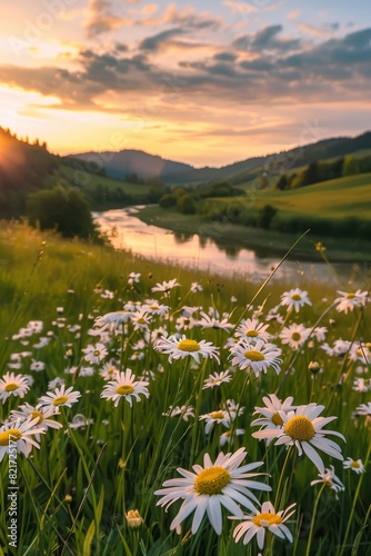 Scenic view of a meadow with daisies by a river at sunset