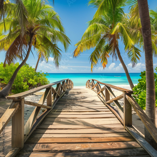 tropical wooden path with palms at the ocean