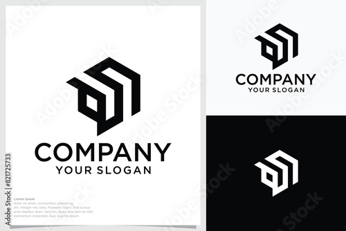 Initial Letter S Logo. Blue Geometric Hexagonal Line isolated on Double Background