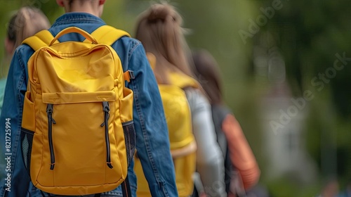 A group of high school students with yellow backpacks, rear view, walking towards school in the morning, vibrant and dynamic, perfect for backtoschool promotions