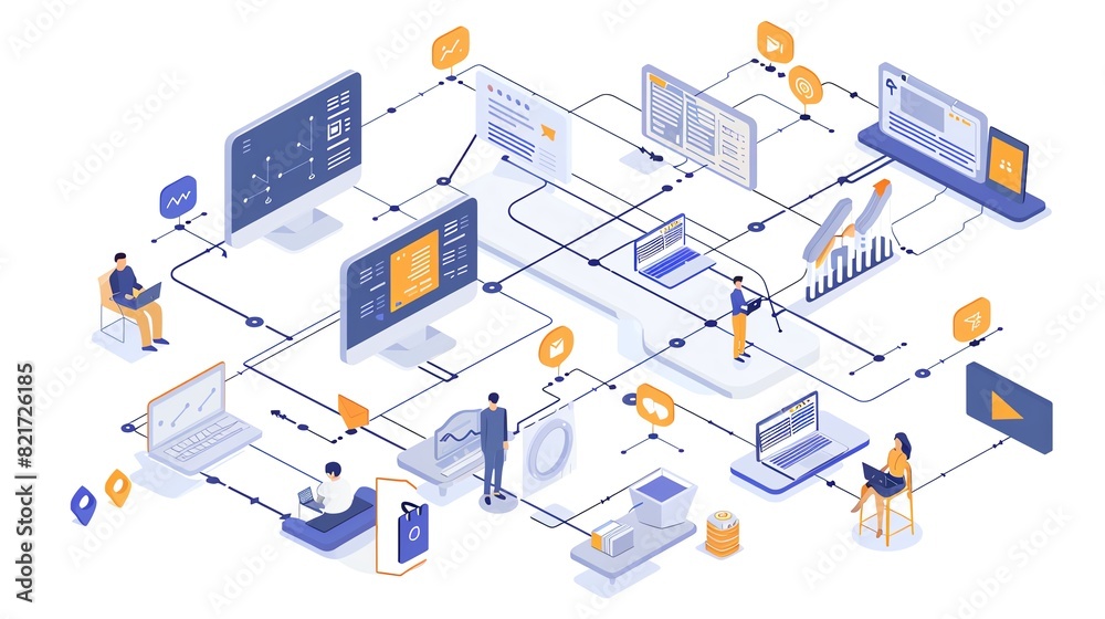 Isometric illustration of a digital office with interconnected devices and people, showcasing modern business and technology concepts. Isometric illustration of a digital office with interconnected devices and people, showcasing modern business and technology concepts.