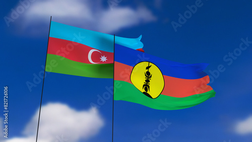 3D illustration, Two flags in the wind, FLNKS flag and Azerbaijani flag, sky in the background. photo