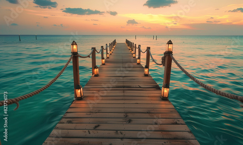 romantic wooden pier at sunset with a view over the ocean