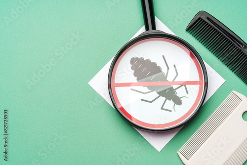 Anti lice equipment on green background top view photo