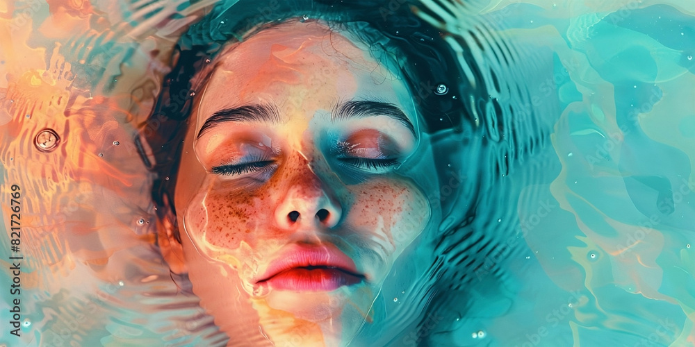 A woman's face portrait Close up beautiful woman face with eyes closed combined with water background on  copy space.