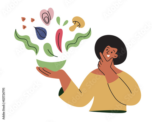 Sustainable food composition, healthy diet, vector illustration of woman eating eco friendly products, mussels, mushroom and buckwheat icons, go green composition, sustainability lifestyle