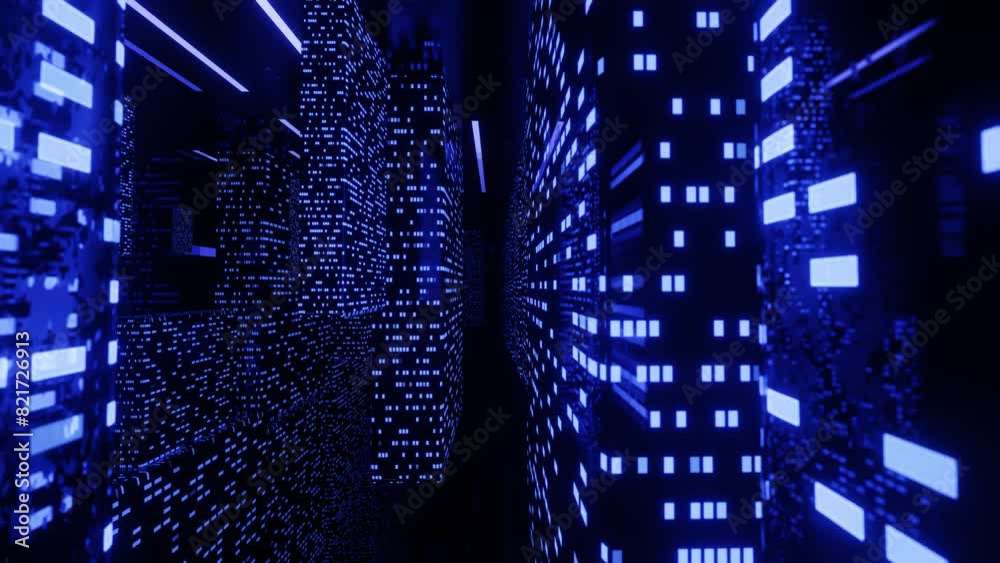 Abstract background like city. Fly through technology cyberspace with neon glow. Sci-fi flight through hi-tech technology tunnel. Neon light. 3d looped seamless 4k bright background. Data flow