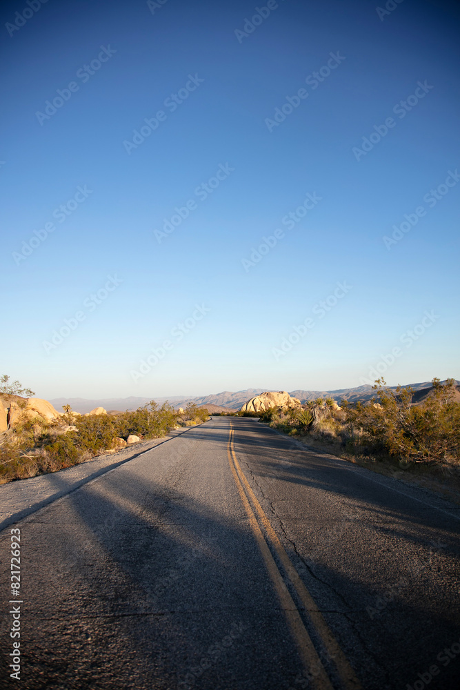 Desert road through Joshua Tree National Park at sunset