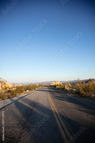 Desert road through Joshua Tree National Park at sunset
