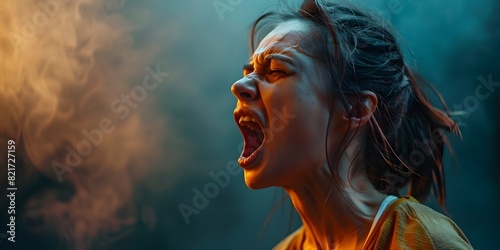 Intense Emotional Outburst of Enraged and Furious Woman amidst Dramatic Stormy Environment photo
