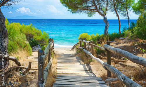 wooden path to the sea with pine trees in summer