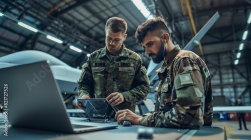 Two men in military uniforms are working on a laptop computer