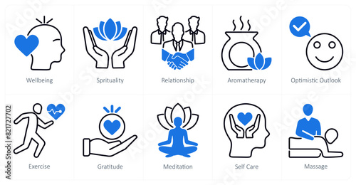 A set of 10 wellness icons as wellbeing, spirituality, relationship