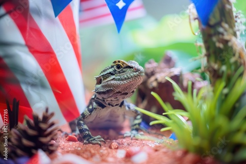 A lizard amidst an elaborately decorated terrarium with American flags, exploring its environment, vibrant and curious. 4th of July, american independence day, memorial day concept