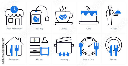 A set of 10 restaurant icons as open restaurant, tea bag, coffee