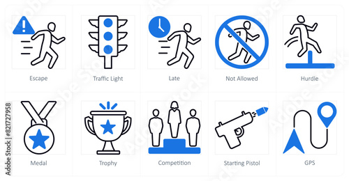 A set of 10 running icons as escape, traffic light, late