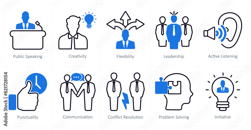 A set of 10 soft skills icons as public speaking, creativity, flexibility A set of 10 soft skills icons as public speaking, creativity, flexibility