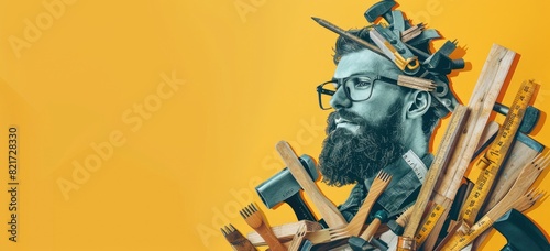 The image shows a man with a beard and glasses, wearing a hard hat and holding a hammer. He is standing in front of a yellow background. The image is meant to be a representation of a skilled photo