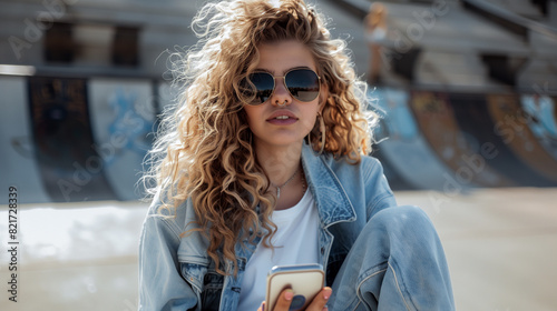 A curly hair young 20s girl using smartphone at  skateboard park